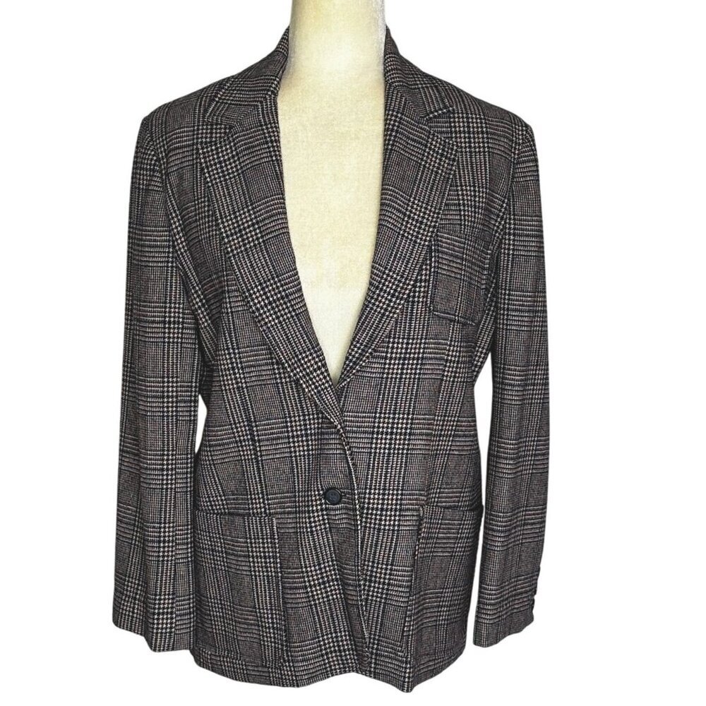 Vintage 70s Houndstooth Plaid Blazer Navy Burgundy Wool Look Tailored Jacket
